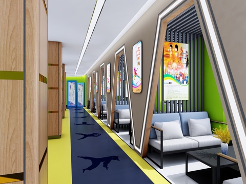  现代走廊 休息区 学校3d模型 