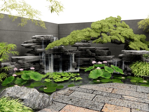  中式假山水景 假山鱼池 水景 荷花 老石板 园林铺地 灌木3d模型 
