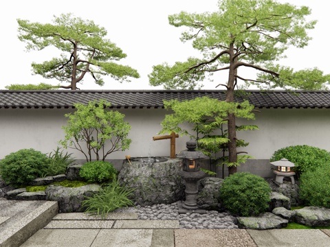  日式庭院景觀 水缽水景 石臼水景 景觀石頭 青石板 灌木球3d模型 