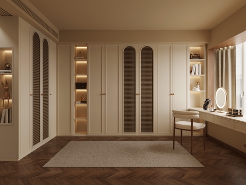  法式奶油风衣帽间 衣柜 首饰柜su模型 