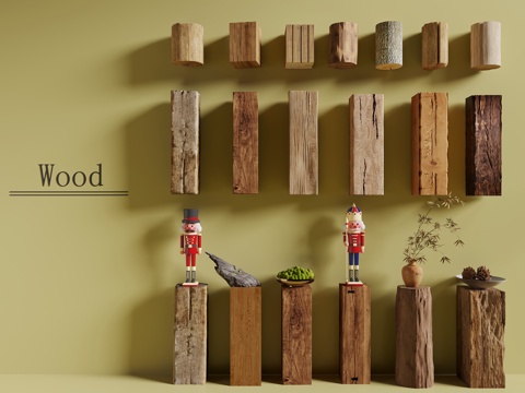  现代木头花几 木头柱子 老木头su模型 