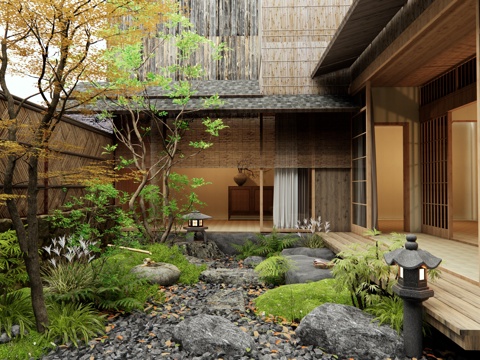  日式禪意庭院景觀 汀步 微地形 景觀石頭 植物組合 景觀樹3d模型 