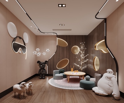  现代儿童娱乐室沙发玩具羊墙饰装饰树吊灯3d模型 