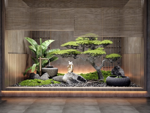  日式室內景觀 水缽水景 苔蘚景觀 松樹植物造景 庭院小品3d模型 