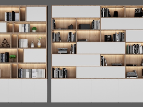 北欧风格书柜组合3d模型下载 现代简约家居装饰 自然元素书架设计 