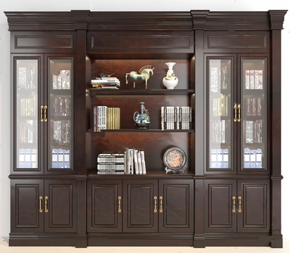  欧式实木书柜3d模型下载 玻璃门展示书柜 书房家具装饰收纳 多隔层书架设计 