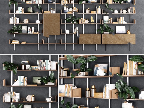  工业风木质金属书架3d模型下载 现代简约设计可调节组合书柜 自然装饰植物收纳架 