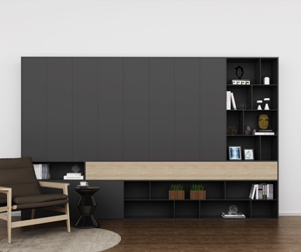  现代简约书柜与深木色椅子组合3d模型下载 开放式储物书架 家居书房装饰设计 