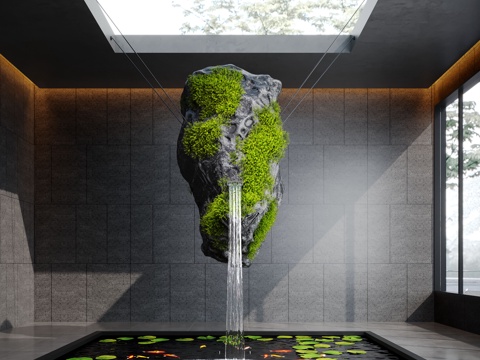  现代水景观 室内水景 悬浮石 苔藓 室内鱼池3d模型 