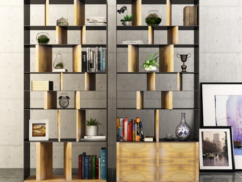  工业风木质金属书架3d模型下载 现代开放式装饰架 自然元素书籍收纳架 