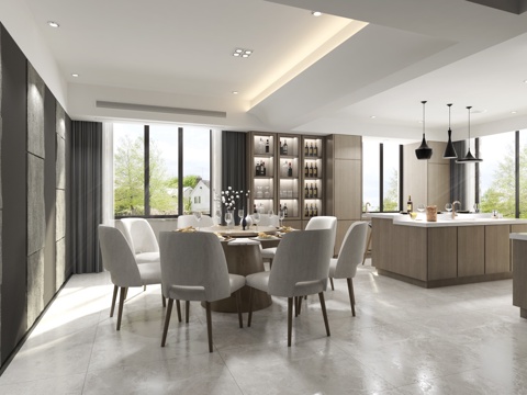  现代通透餐厅 厨房 餐桌椅  挂灯3d模型 