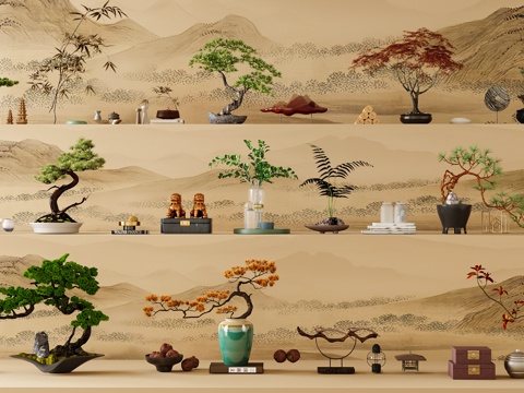 新中式禅意摆件组合 宋氏摆件 玄关摆件 电视柜摆件3d模型