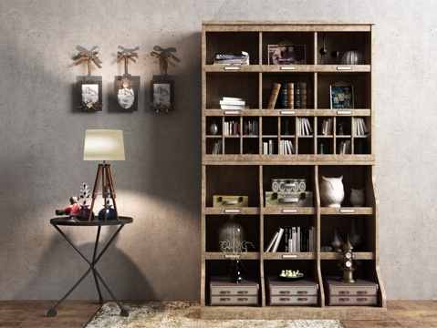  工业风书柜装饰柜组合3d模型下载 现代家庭阅读角 温馨舒适地毯墙饰相框设计 