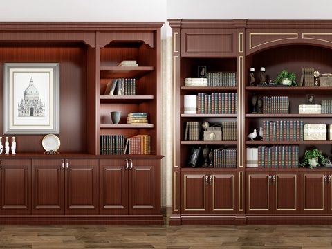  经典欧式书柜3d模型下载 深棕色金边装饰书架 客厅书房对称储物柜设计 