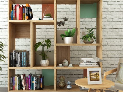  现代开放式实木书架3d模型下载 客厅装饰书架带绿植摆放空间 多格书籍收纳柜 