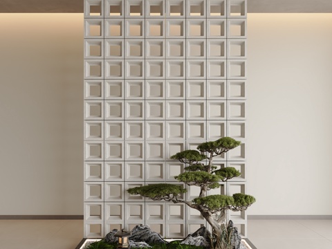 新中式室內(nèi)景觀 天井室內(nèi)景觀 玄關(guān)景觀 樓梯景觀 鏤空水泥磚3d模型 