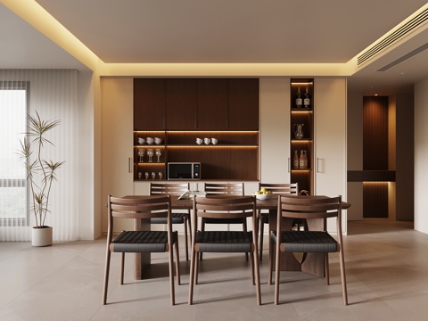  現(xiàn)代中古風(fēng)餐廳 餐桌椅 酒柜3d模型 