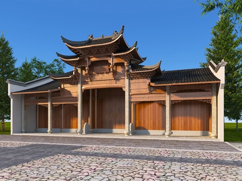  古建祠堂门头 宗祠大门su模型 