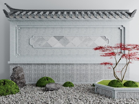  新中式庭院景觀小品松樹屋檐墻體石頭苔蘚鵝卵石3d模型 