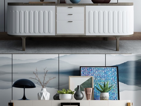  现代简约客厅电视柜组合3d模型下载 带抽象装饰画与绿植摆件 白色灰色调优雅设计 