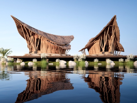  现代木屋建筑 景观建筑 茅草屋建筑 木屋民宿 木屋民宿su模型 