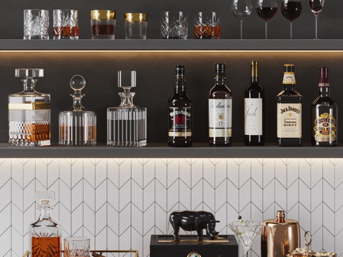  現(xiàn)代酒瓶酒杯組合 酒具 酒 酒水 酒瓶 洋酒 酒杯 紅酒3d模型 
