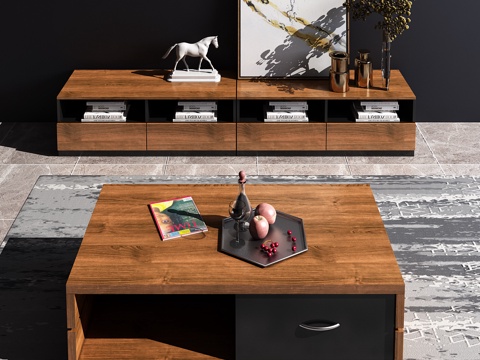  现代简约客厅电视柜茶几组合3d模型下载 木质装饰托盘摆件 室内设计 