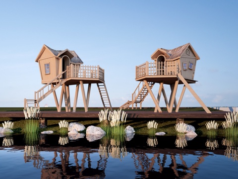  现代木屋建筑 景观建筑 茅草屋建筑 木屋民宿 木屋民宿su模型 