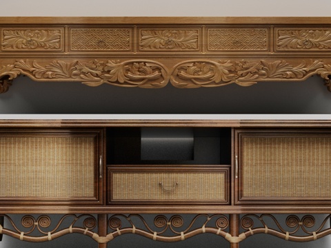  中式复古雕刻电视柜3d模型下载 编织柜门木质柜 客栈装饰展示柜 