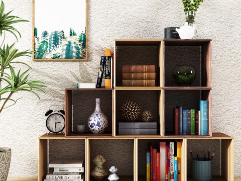  现代简约装饰柜客厅书房储物架3d模型下载 绿植挂画多功能书架 自然风家居装饰品收纳柜 