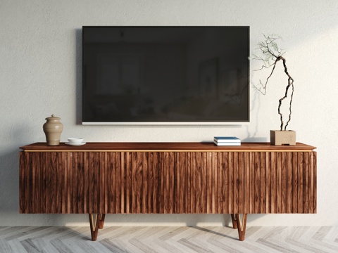  新中式客厅装饰3d模型下载 现代木质电视柜摆件组合 自然极简家居设计 