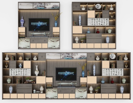  新中式客厅装饰柜组合3d模型下载 现代简约电视背景墙书架设计 优雅家居装饰 