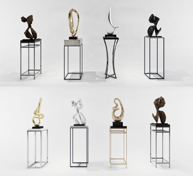  现代金属木质玻璃雕塑组合3d模型下载 抽象极简艺术装饰摆件 家居展示台 