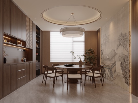  新中式餐廳  沙發(fā)茶幾組合 新中式酒柜 吊燈3d模型 