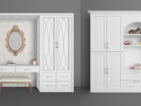  现代欧式衣柜梳妆台组合3d模型下载 白色几何玻璃门带金色把手装饰储物柜设计 