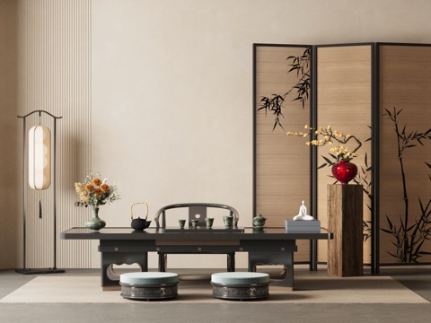  新中式茶室 榻榻米茶室 折疊屏風(fēng) 落地?zé)?花藝擺件3d模型 