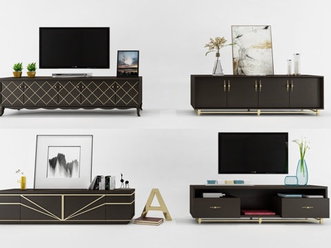  现代电视柜组合3d模型下载 客厅装饰设计 黑色金色优雅家居 