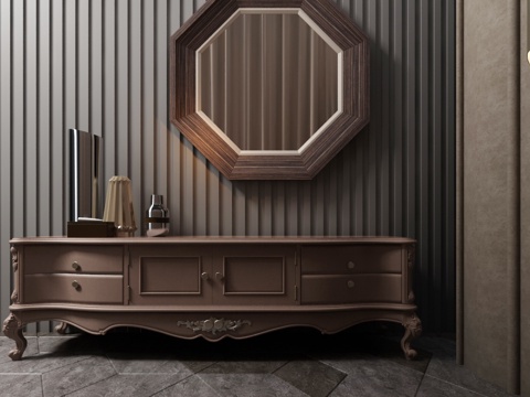  现代简欧美式电视柜组合3d模型下载 复古浅棕木质收纳柜 八边形镜面装饰 