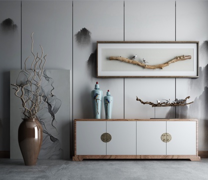  新中式电视柜摆件组合3d模型下载 现代家居装饰设计 陶瓷花瓶树枝艺术摆件 