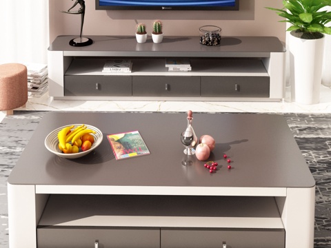  现代客厅3d模型下载 电视柜与咖啡桌组合 装饰植物水果碗摆件 柔和色调室内设计 