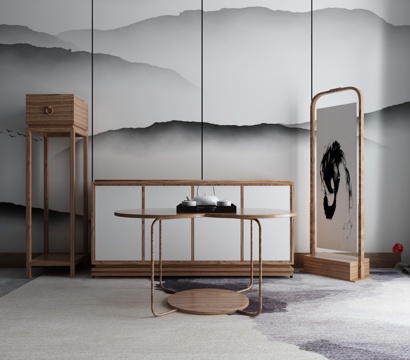  新中式端景柜装饰柜茶几3d模型下载 现代简约客厅木质茶具柜组合带山水画 