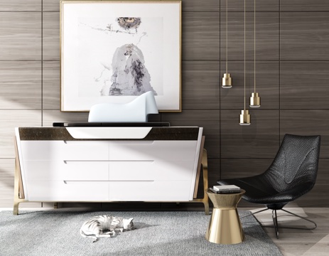  现代灰色家居装饰画与金色边柜3d模型下载 客厅设计 舒适宁静生活空间 