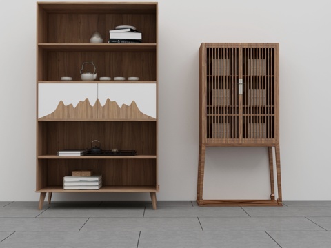  现代极简新中式木质书架储物柜3d模型下载 茶道收纳装饰柜 格栅门设计静享宁静家居 