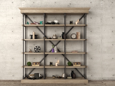  工业风复古多层书架装饰柜3d模型下载 木质金属书架储物架 家居装饰品 