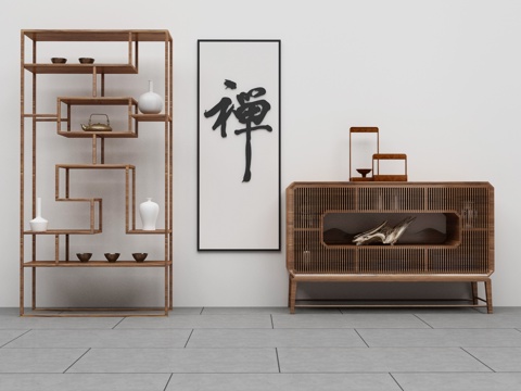  新中式竹制装饰柜组合3d模型下载 禅意陶瓷花瓶书架收纳柜 现代简约中式家居 