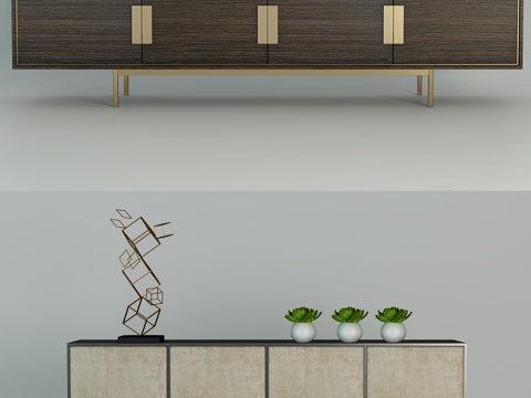  现代轻奢电视柜组合3d模型下载 深木色橱柜搭配金色装饰 极简室内设计带绿植装饰 