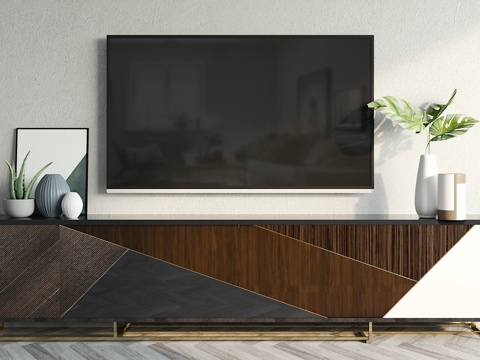  北欧现代客厅电视柜摆件组合3d模型下载 自然植物装饰家居设计素材 