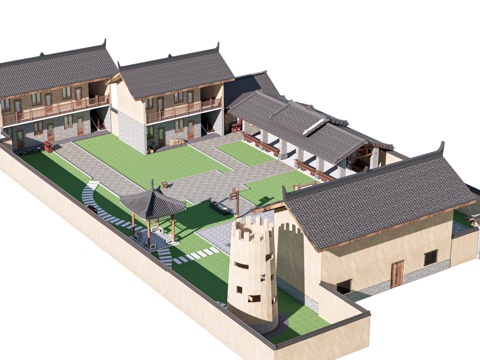  现代乡村民房 乡村建筑 民宿建筑 乡村院落su模型 