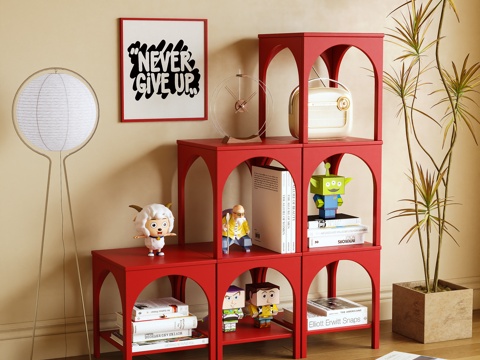  现代红色拱形置物架书架3d模型下载 创意家居装饰架 励志装饰品布置空间 