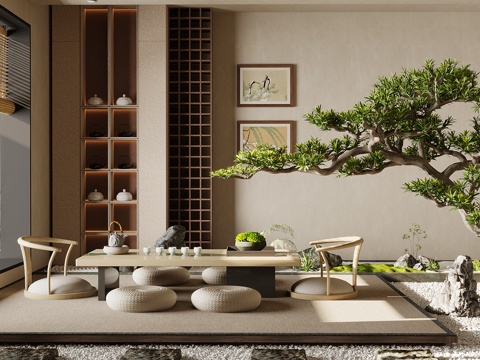 新中式茶室 榻榻米茶室 茶桌椅組合 室內(nèi)景觀 實木茶柜3d模型 